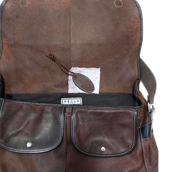 New Pelle Studio Unisex Large Premium Brown Leather Messanger/Laptop Bag w/Strap - Picture 6 of 11